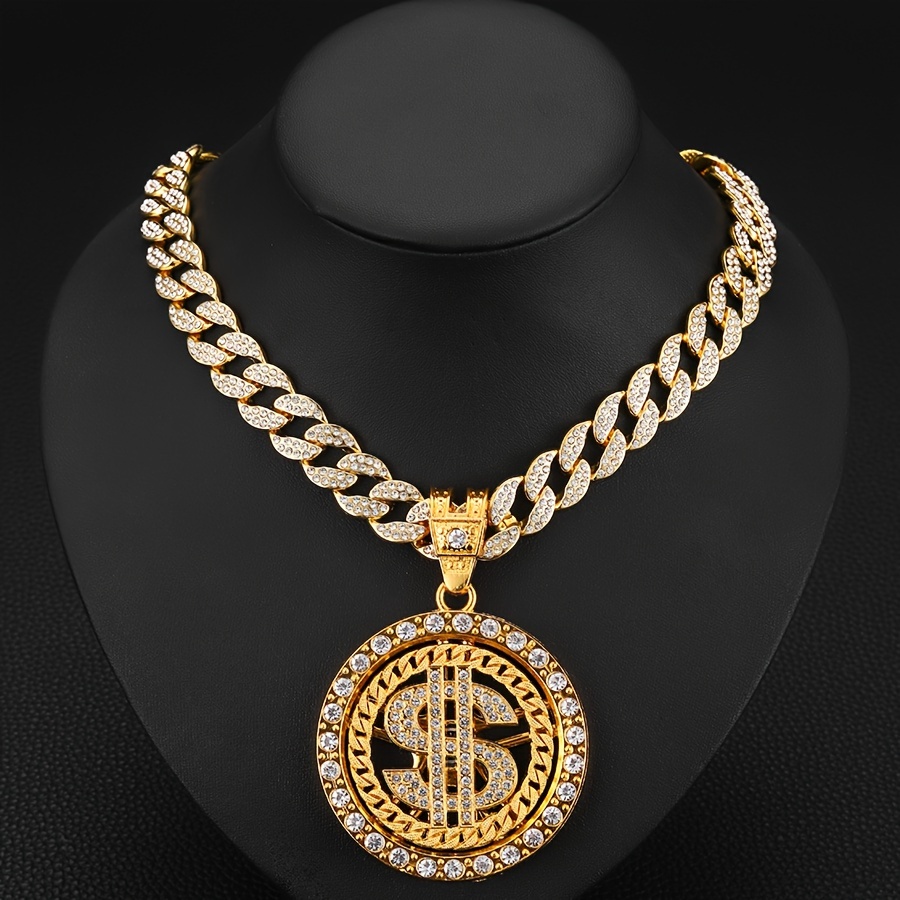 

Cool Rotating Dollar Sign Pendant, Men's Trendy Round Necklace, Exaggerated Thick Cuban Chain Jewelry