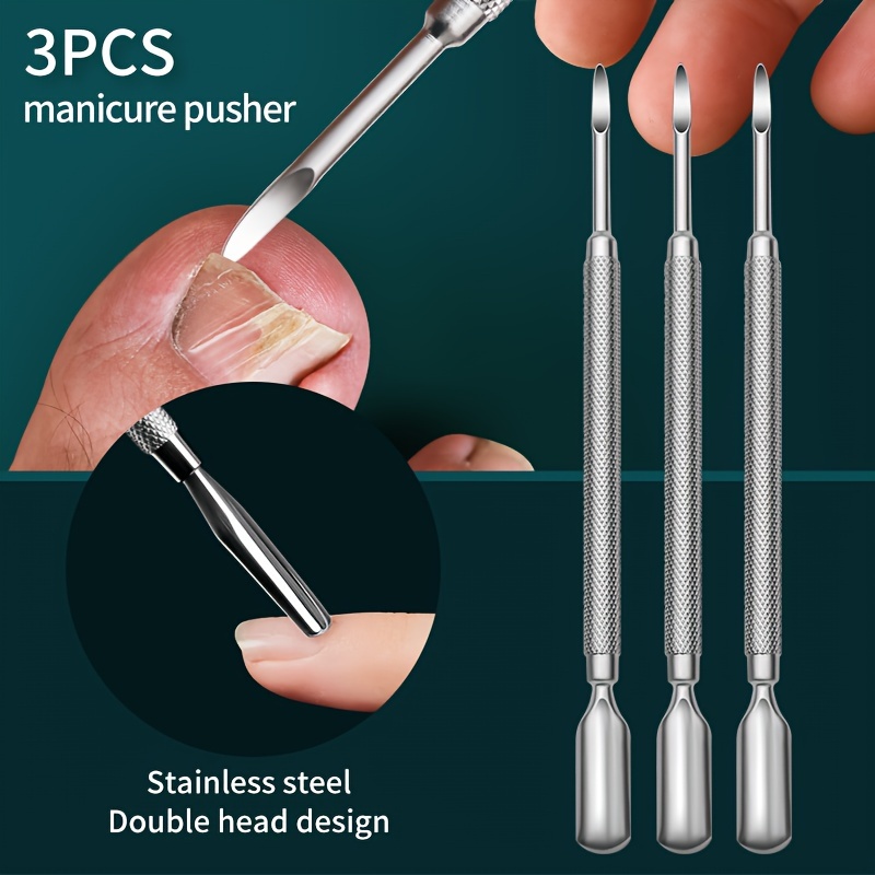 

3-piece Stainless Steel Manicure Pusher Set - Double Head Design, Anti-slip Grip, Multi-functional For Dead Skin Removal And Nail Cleaning - Unscented, Suitable For All Skin Types