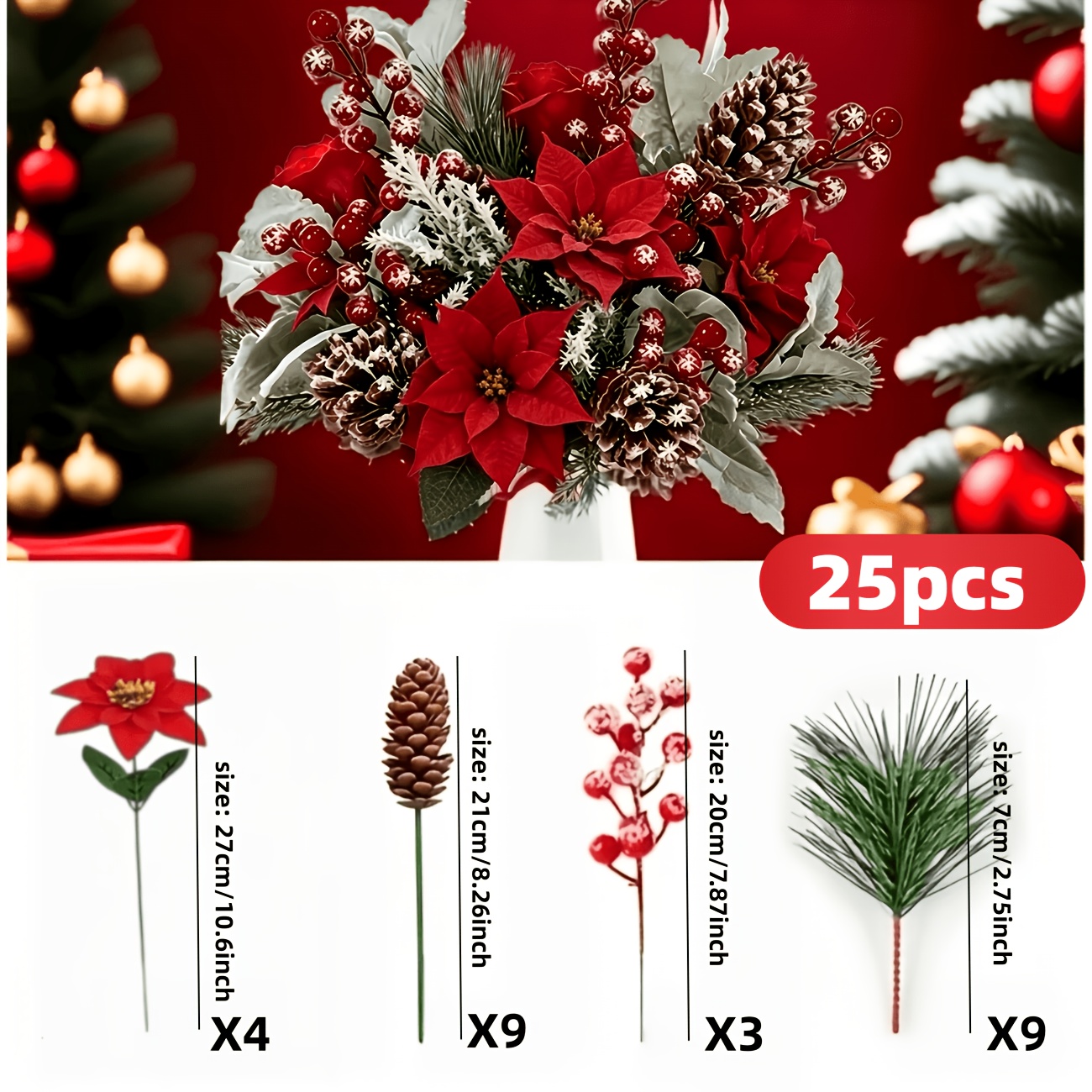 TEMU artificiel de 25 pièces avec fausses fleurs, bouquet de 27 cm, comprenant des aiguilles de pin, des tiges de , des pinces de pin et des roses