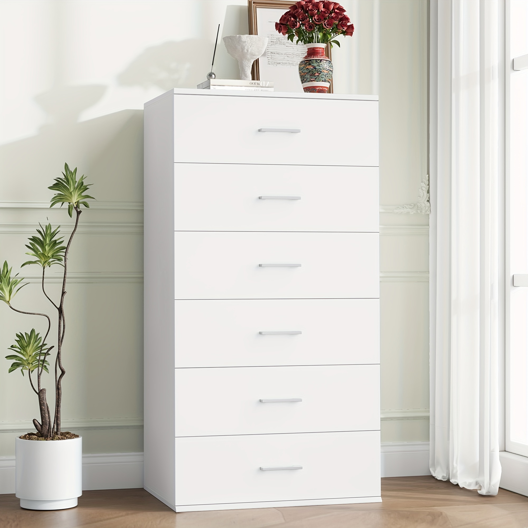 FULTRU Tall White Dresser For Bedroom 6 Drawer Dresser With Silver Handles Modern White Dresser For Bedroom Living Room Entryway