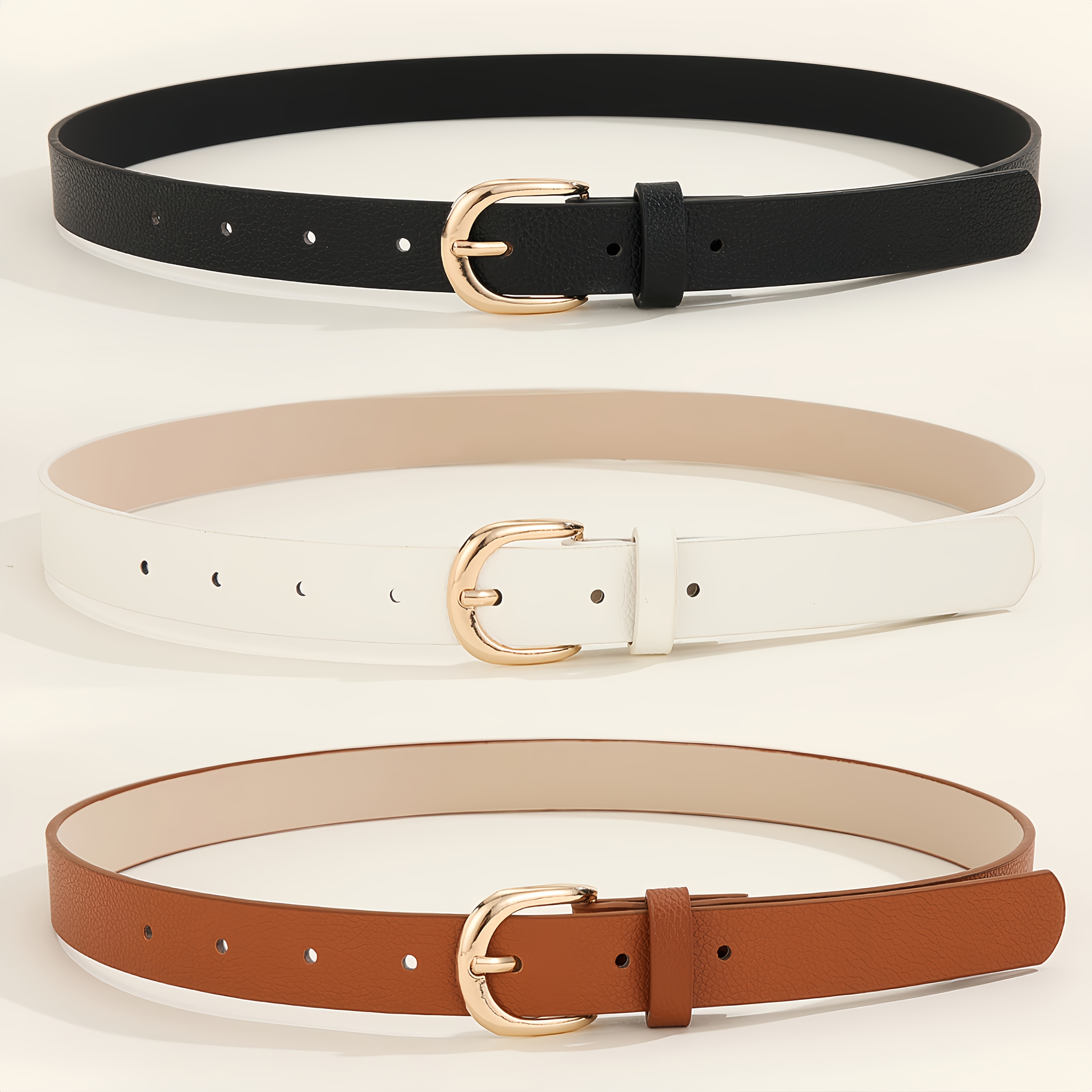 3pcs Women's Belts w/ Golden Tone Buckles & Brown Textured Pattern