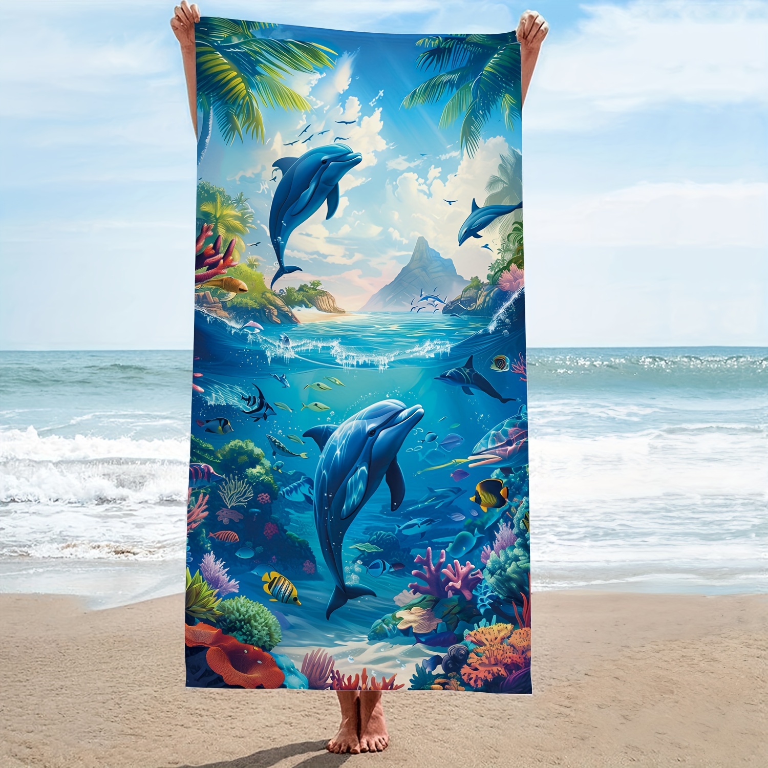 

1pc Ocean Dolphin Microfiber Oversized Beach Towel, Durable Quick Drying Sunscreen Washable Bath Towel, Summer Beach Camping Swimming Pool Travel Essentials
