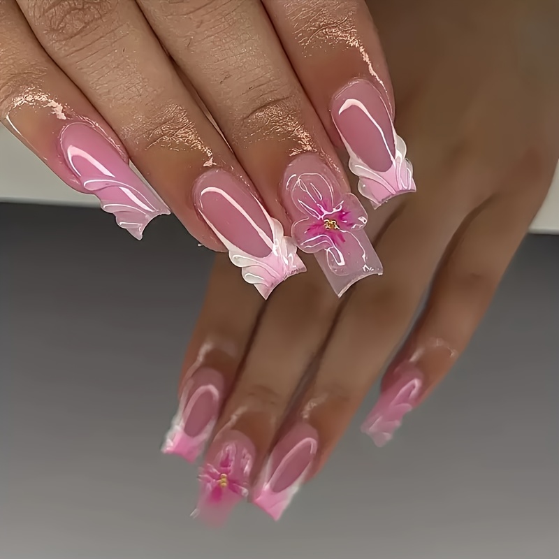 A Set Of 24 Medium Square False Nails, Fashionable And Sweet, With Petal-shaped Elegant Three-dimensional Texture, Light Luxury And Beautiful