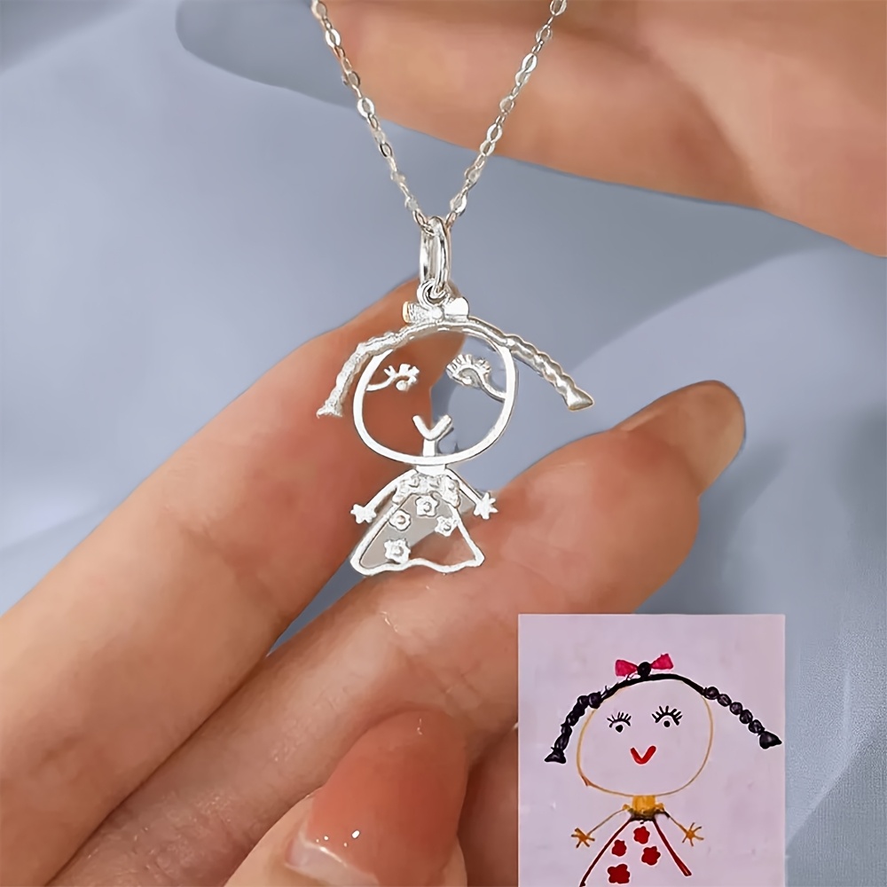 TEMU Personalized Stainless -drawn Doodle Pendant Necklace - Custom Cartoon Girl Design With Star Accents, Durable Everyday Jewelry Gift For Women,
