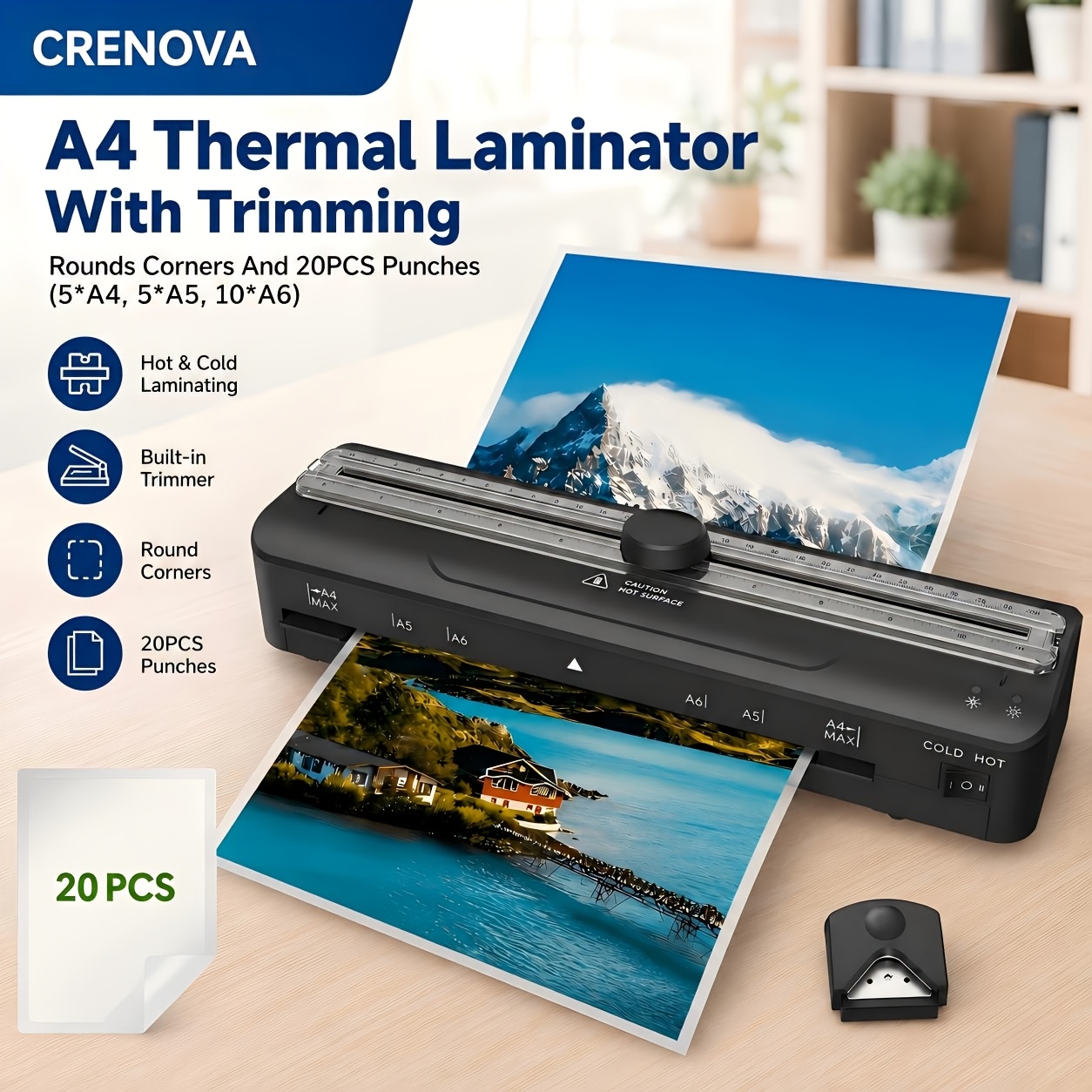 Crenova Laminator Machine (black) - 30s , Mode, Includes 20 A4/a5/a6 Laminating Pouches, Paper Trimmer & Corner Rounder For Office, School, Id Cards
