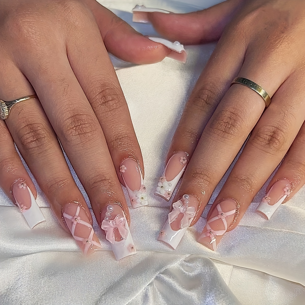 

24 Pcs Ballet Style Press-on Nails, Square Shape Medium Length, Pink Full Cover False Nails With White French Tips, Floral And Pearl Bow Design For Women And Girls, Includes Jelly Glue & Nail File