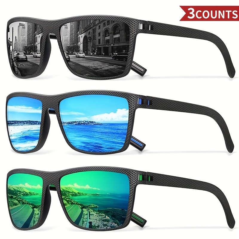 TEMU Monster Polarized Fashion Glasses 3pcs - Men's Hd Tac, Vintage Square, Fashionable Multi-color, Ideal For Outdoor Sports, Fishing, Beach & Leisure Activities