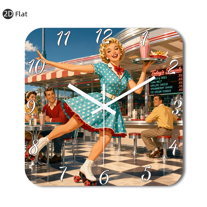 TEMU 1pc Silent Wall Clock Retro Diner Waitress Design With Polka Dot Dress & Roller Skates - Square Clock Suitable For Kitchen, Living Room,, Cafe