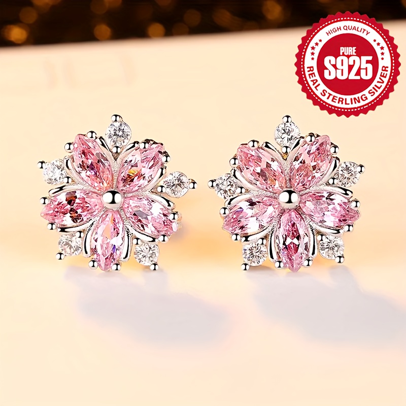 

Exquisite Pink Sakura Shaped Stud Earrings 925 Sterling Silver Hypoallergenic Jewelry Zircon Inlaid For Women Dating Earrings