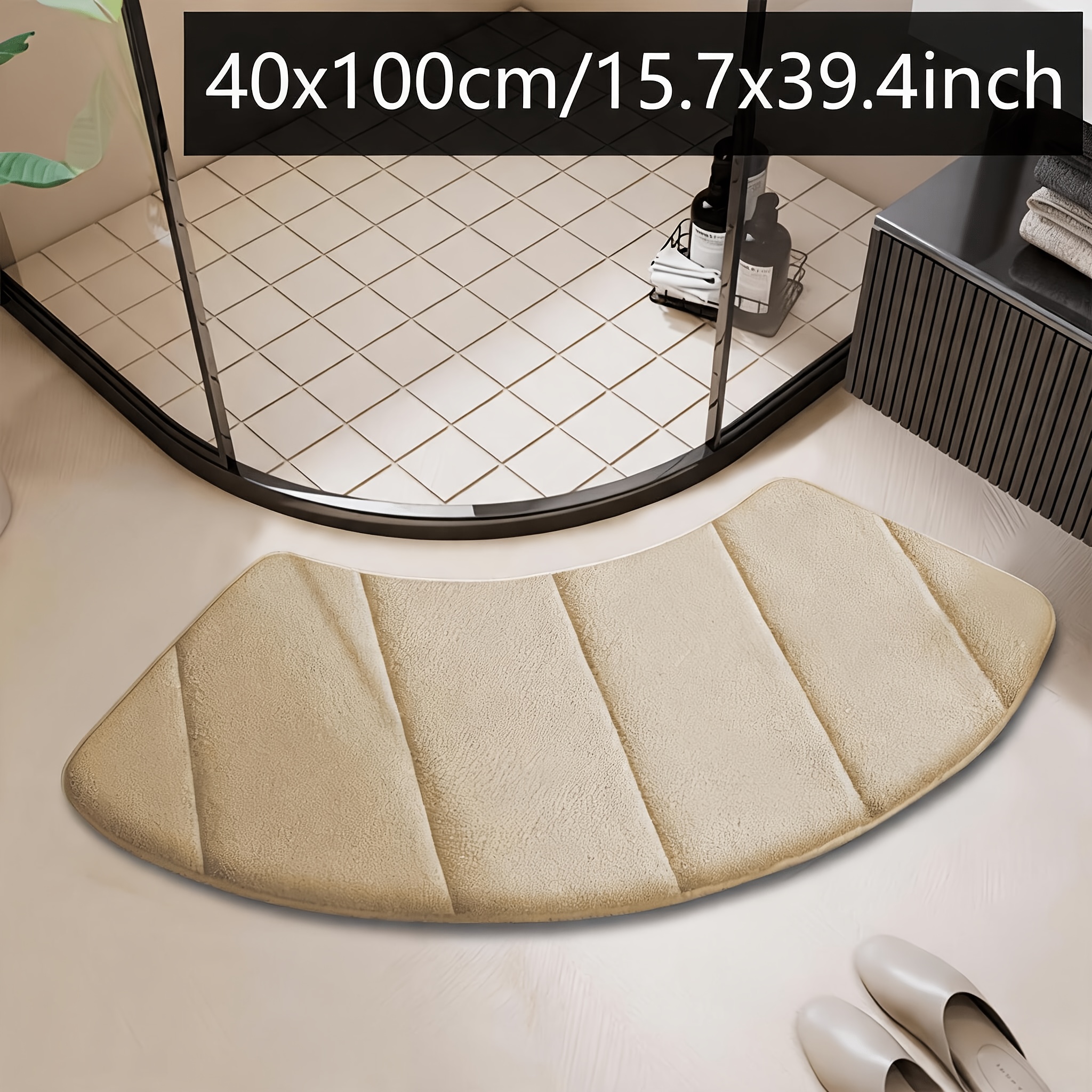 TEMU Solid Color Fan-shaped Bathroom Non-slip Floor Mats Furry Flannel Striped Foot Mats Shower Room Door Mats Arched Household Mats