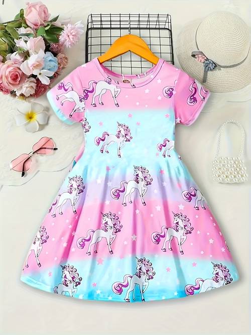 girls summer casual ombre t shirt dress with star and mystical creature print polyester blend with stretch geometric pattern regular ages 12 and under