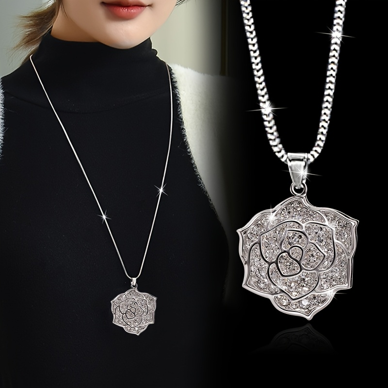 Image of 2025 New Elegant Rose Flower Sweater Chain Versatile Minimalist Rhinestone Camellia Long Necklace Autumn Winter Accessory