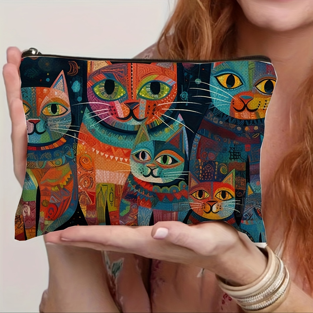 

Canvas Toiletry Bag With Cat Design - Foldable Lightweight Cosmetic Pouch With Zipper Closure For Travel, Stationery & Diabetic Supplies