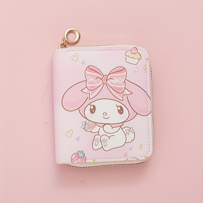 Image of My Melody Short Zipper Wallet, Cute -themed Mini Synthetic Leather Purse, Lightweight Compact Card Holder For Cash, & Cards, Adorable Pink Cartoon Wallet For & Teens
