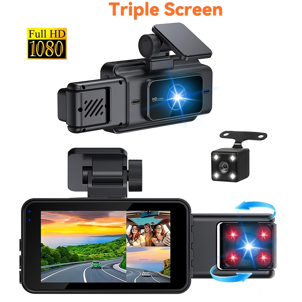 TEMU 1080p Dual Lens Dash Cam | Front+multi-angle Recording Car Dvr, 7.62 Cm Ips Screen Camera Recorder, 3 Channel Recording, Wdr Wide Ir Night