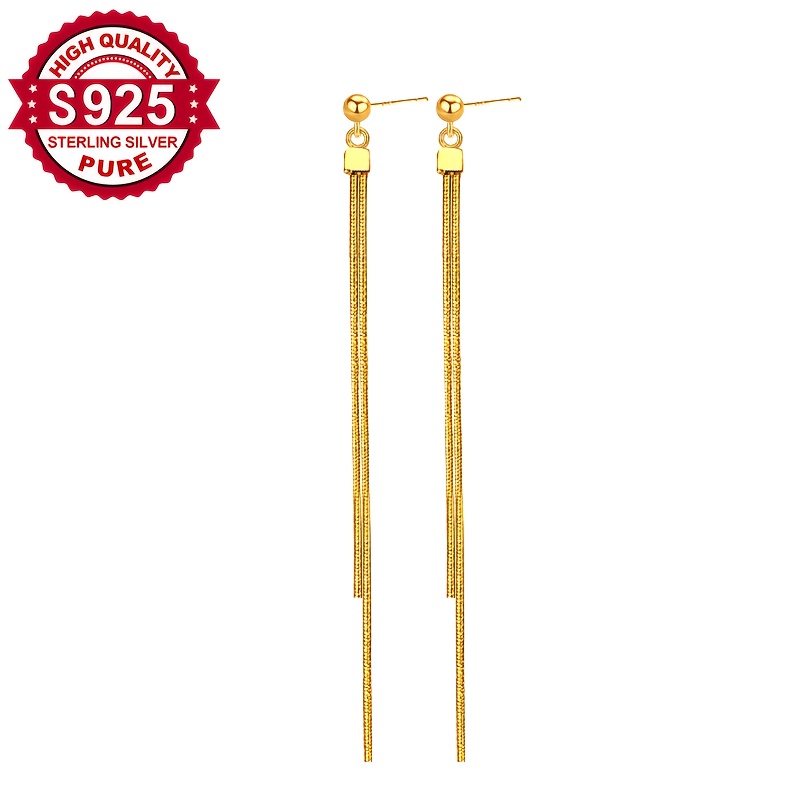 Women's S925 Silver Long Tassel Stud Earrings, Elegant