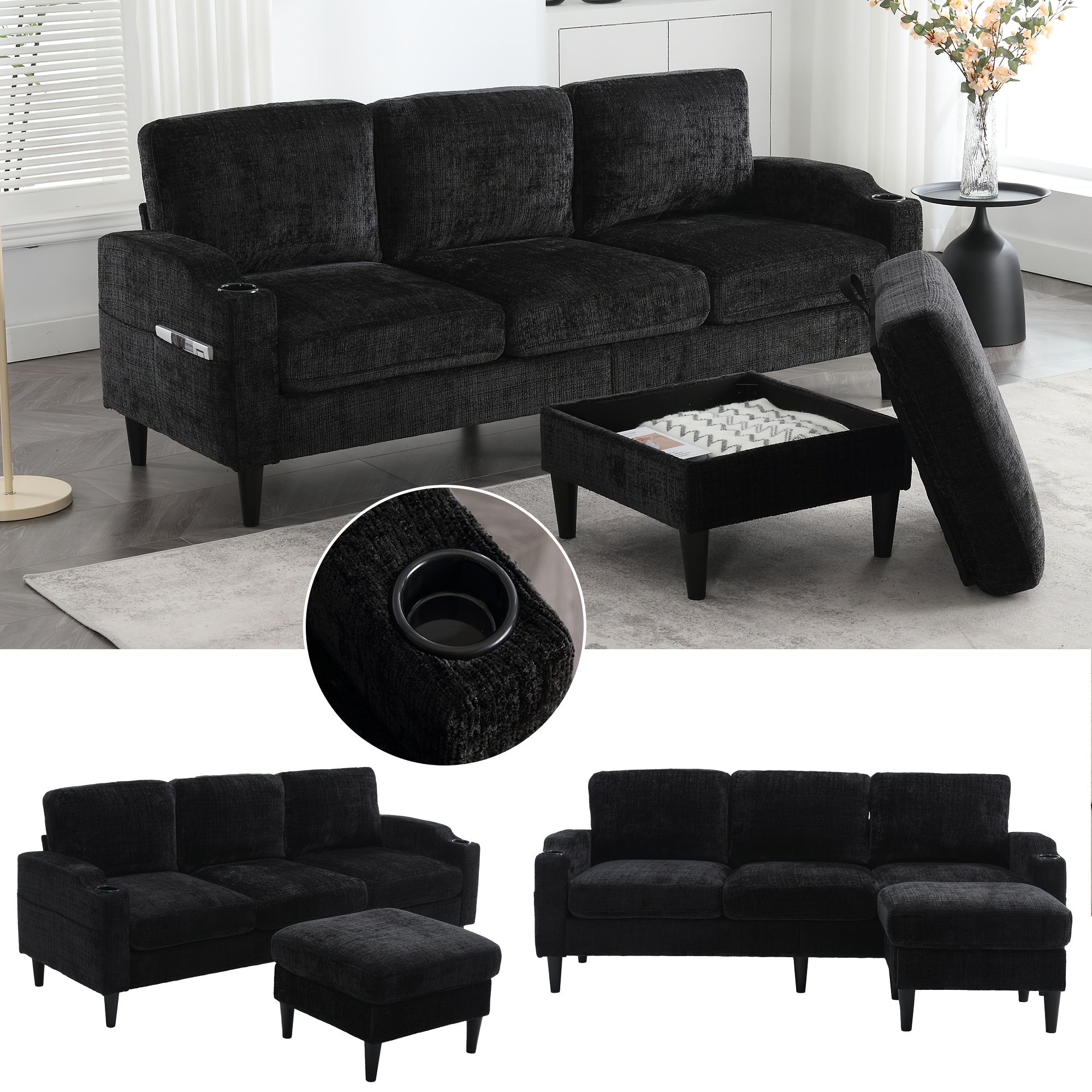 3-seater Corduroy Fabric Sofa With Storage Ottoman And Armrest Cup Holders, Modern Upholstered Couch For Living Room Apartment