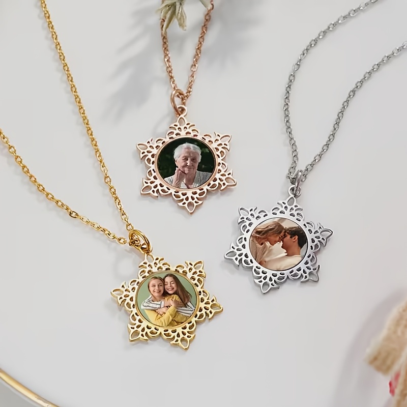 Personalized Photo Snowflake Pendant Necklace, 18K Gold Plated
