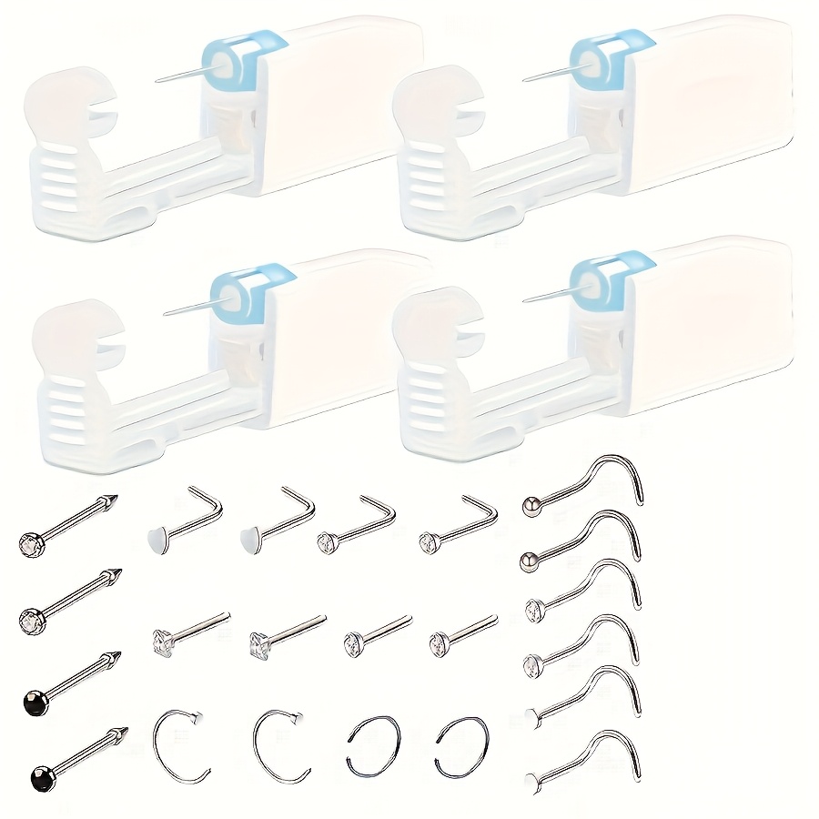 4pcs Self Nose Piercing Kit with Free 20pcs Nose Rings Stud Tool, Disposable Safety Nose Percinging Kit Nose Piercings Gun Kit Tool