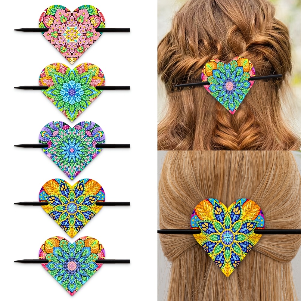 

5pcs Diamond Painting Diy Hairpin Kit, Diamond Painting Beginner Kit, Mandala Heart Pattern, Pu Material, Beautiful Decoration For Hair Bun, A Great Gift For Hair Bun