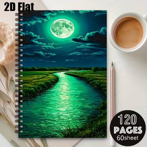 1pc 2d flat spiral notebook back to a5 spiral coil notebook with luminous moonlight river scenery cover student stationery diary gift for writing and portable recording suitable for back to student notebooks