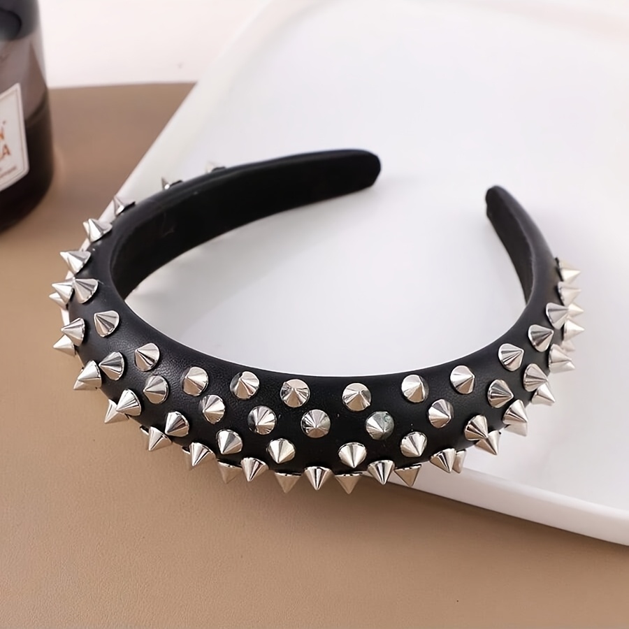 Image of 1 Solid Color Pu Leather Trendy Rivet Headband, Minimalist And Versatile High-quality Hair Accessory For S' Street Style Hairstyle