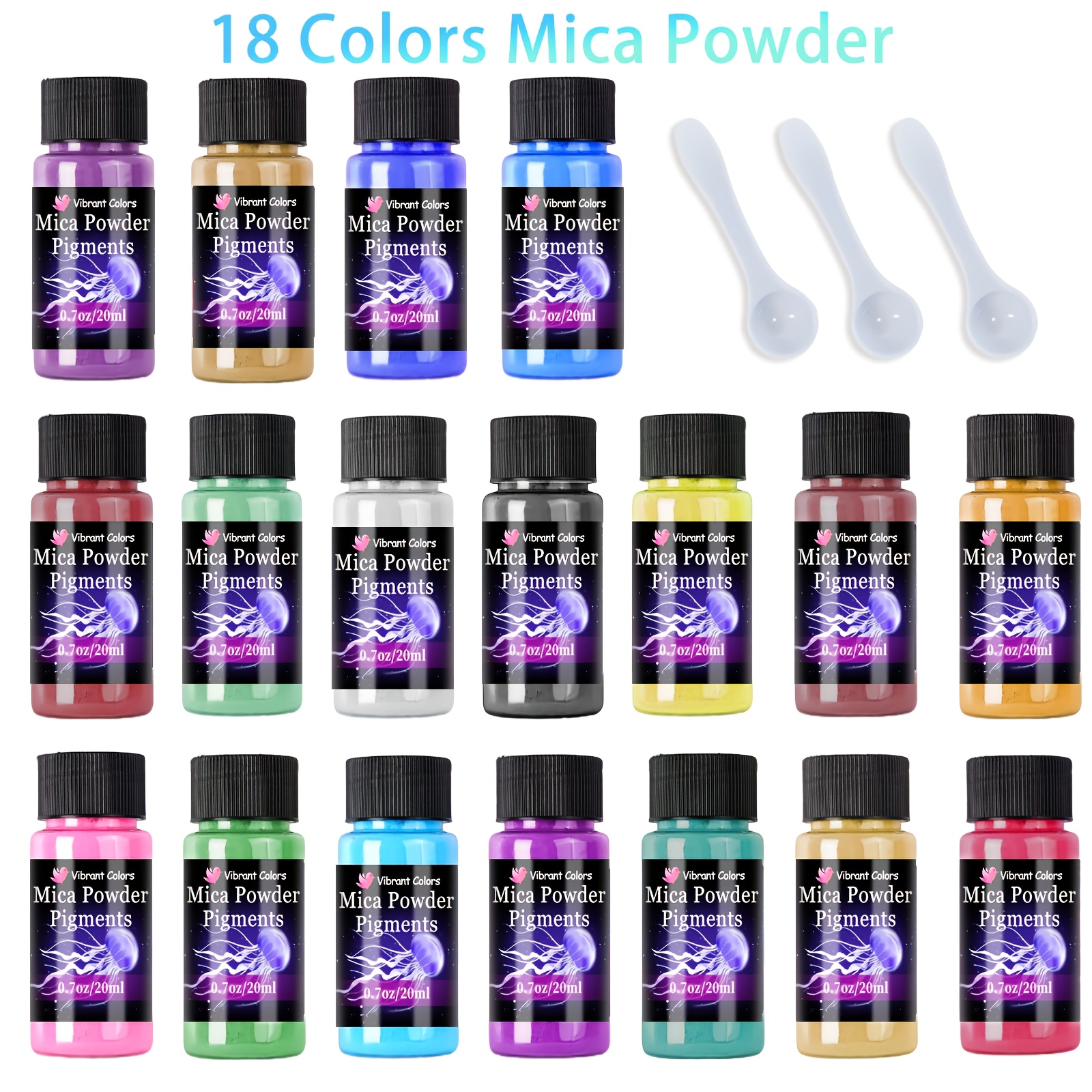 Image of Mica Powder, 18 Colors, Epoxy Resin Pigment Powder Dye 0.7oz/20ml Bottle For Epoxy Resin, Candle Making, Dye, Painting, Art Dye And Bead Jewelry Projects.