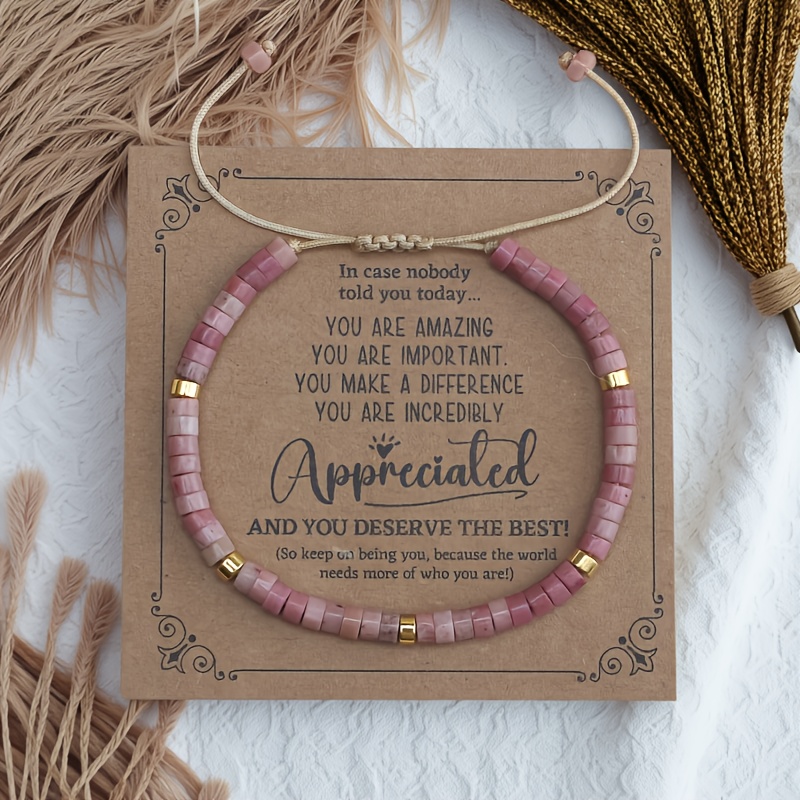 Image of 1pc Bohemian Pink Natural Stone Bracelet For Women, Stylish Rose Quartz Beaded Bracelet With , Handmade Braided And Adjustable. Gift For Mom And Girlfriend On Mother's Day And Valentine's Day