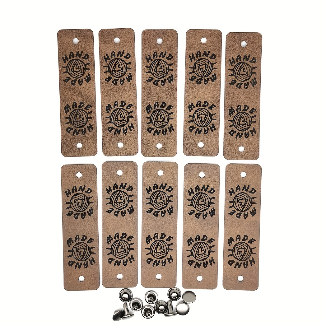 Image of 10pcs Faux Leather Tags With 10 Sets Of Pins, Handmade Craft Tags, Beanie Tags, Suitable For Crochet And Knitting Projects, Craft Labels