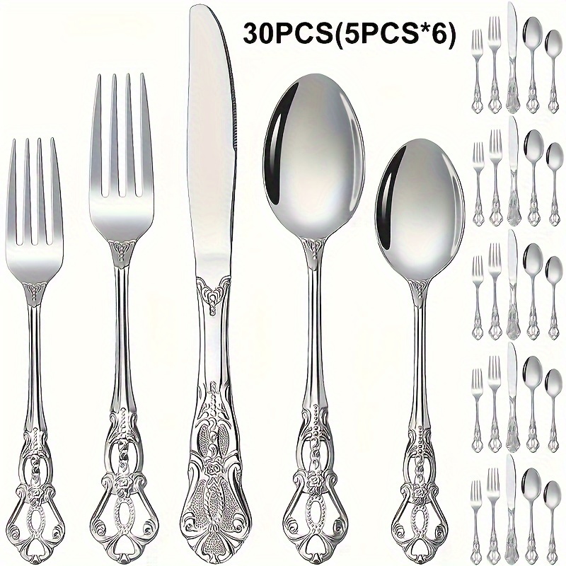 

30pcs Luxury Vintage Stainless Steel Flatware Set, Mirror Polished, Dishwasher Safe Silverware For 6 - Perfect Housewarming, Wedding, Christmas, Thanksgiving, Valentine's Day Gift