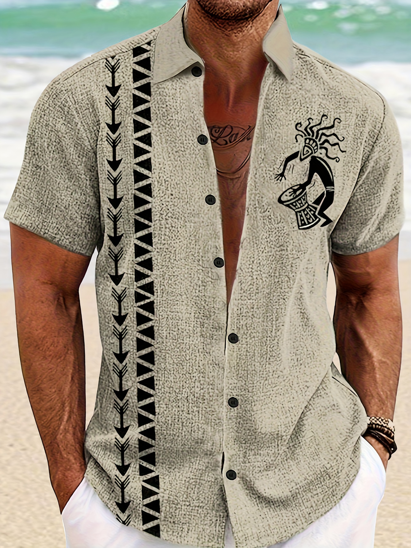 mens stylish print shirt featuring tribal   designs short sleeved outdoor top casual short sleeve collared shirt