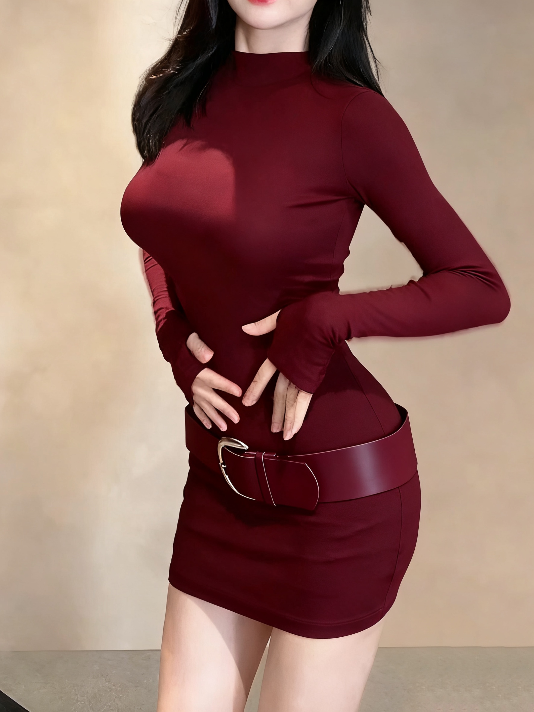 wine color winter dress A Wine-Red, Pure And * Style, Featuring a High-Neck Long-Sleeve for Women in Autumn And Winter, with a * That Cinches The Waist And * The Figure, a Solid Bodycon Mini Skirt Hand or gentle wash rtw 2025 05 summer 1 Venus Maxi Dress | Color:Chambray