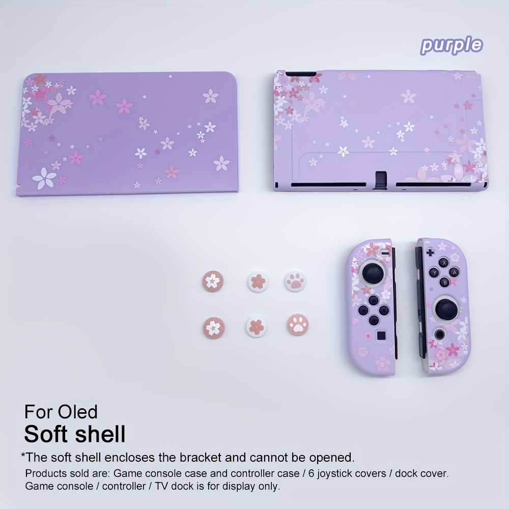 TEMU Purple Sakura Theme Portable Tpu Protective Case For Switch Ns 6.2 Inch/oled 7 Inch, Anti-drop Soft Case With 6 Controller Joystick Caps, Sakura