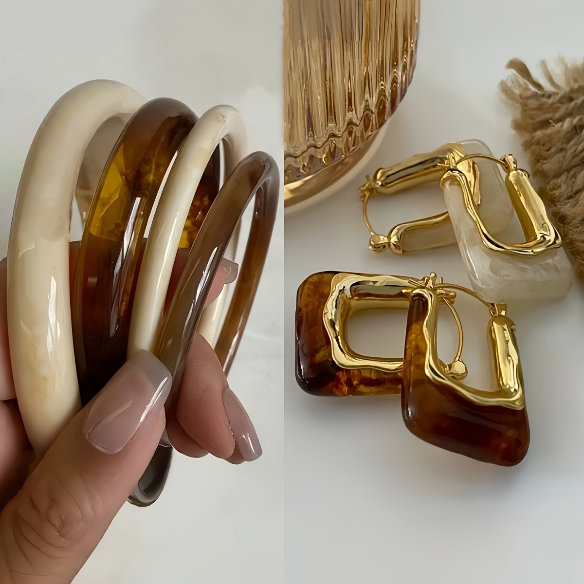 TEMU 8pcs Set: Vintage Elegant Resin Bangle And U-shaped Earring Set, Featuring Brown And Creamy White Geometric Shapes With Gradient Textured