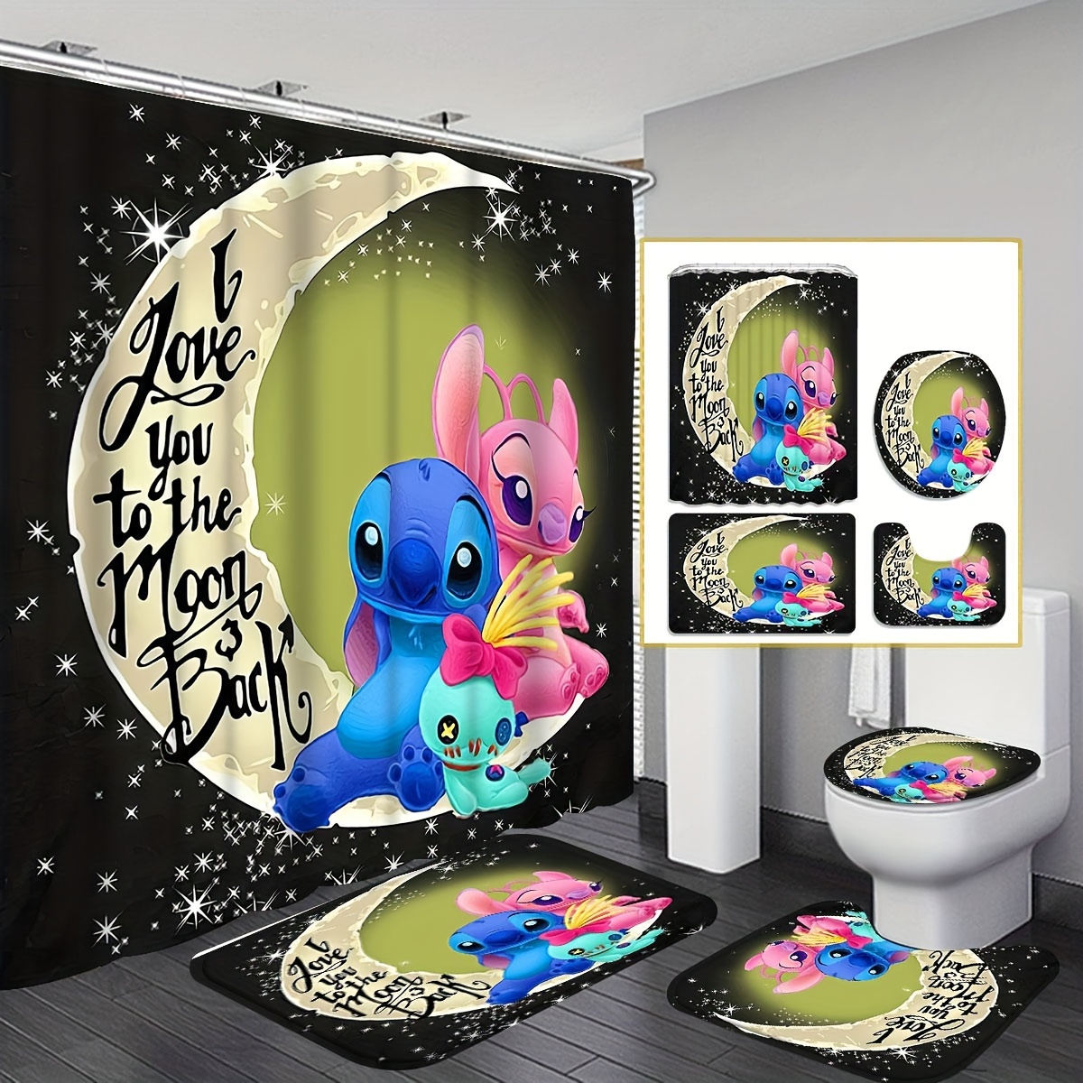 

Stitch & Shower Curtain Set With Non-slip Rugs & Toilet Accessories, Cartoon Polyester Bath Set, Water-resistant, Machine Washable With 12 Hooks, Ume Brand