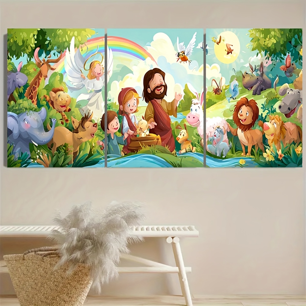 TEMU Pack Of 3 Children's Verses Canvas Wall Art With Frame - 2 Sizes, Colorful Christian Educational Decoration, Jesus, Angels And , Suitable For