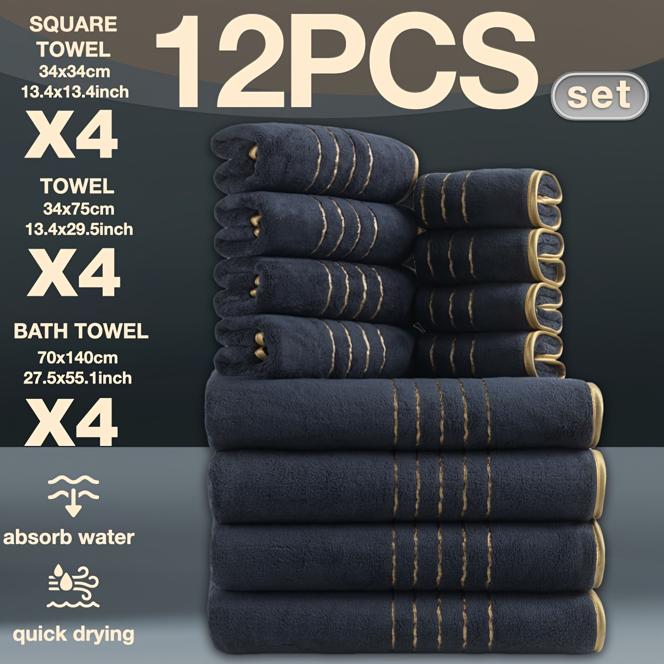 TEMU 12pcs Set Of Light Luxury Golden-thread Golden-trimmed Coral Washcloth, Towel, And Bath Towel Set, Including 4 Bath Towels (27.5 X 55.1 Inches),