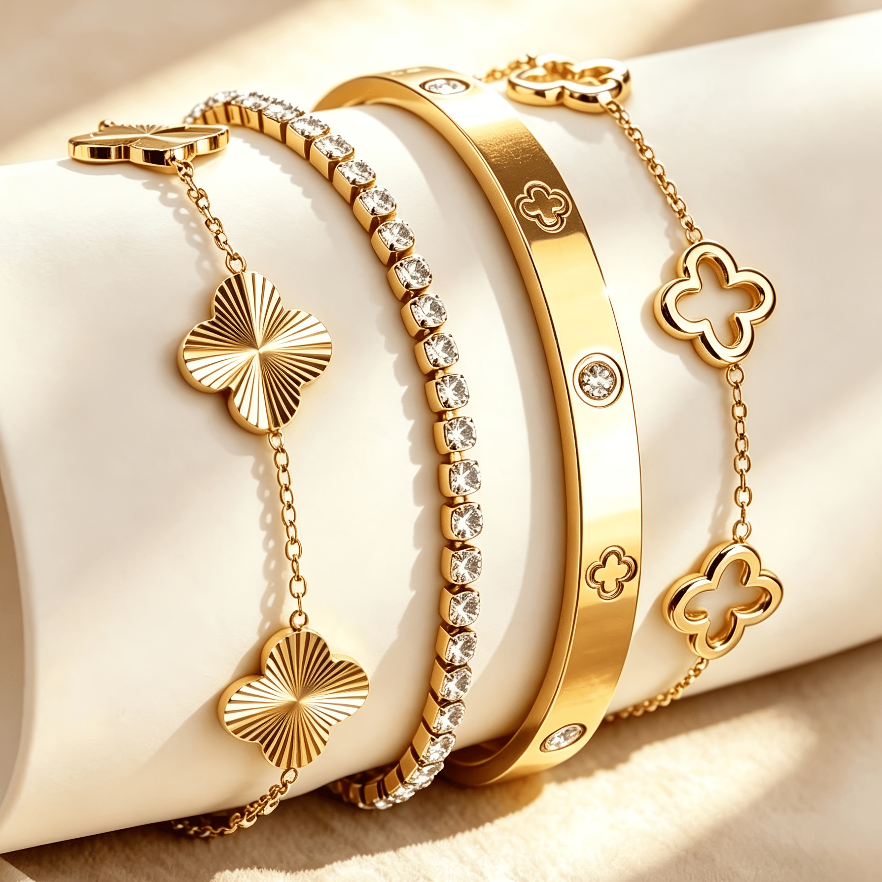TEMU 4pcs Set Of Exquisite Sparkly Clover Bracelet, Women's Stackable Bangle Set, Fashion Jewelry Jewelry Set, Jewelry Gift For Women, Suitable For