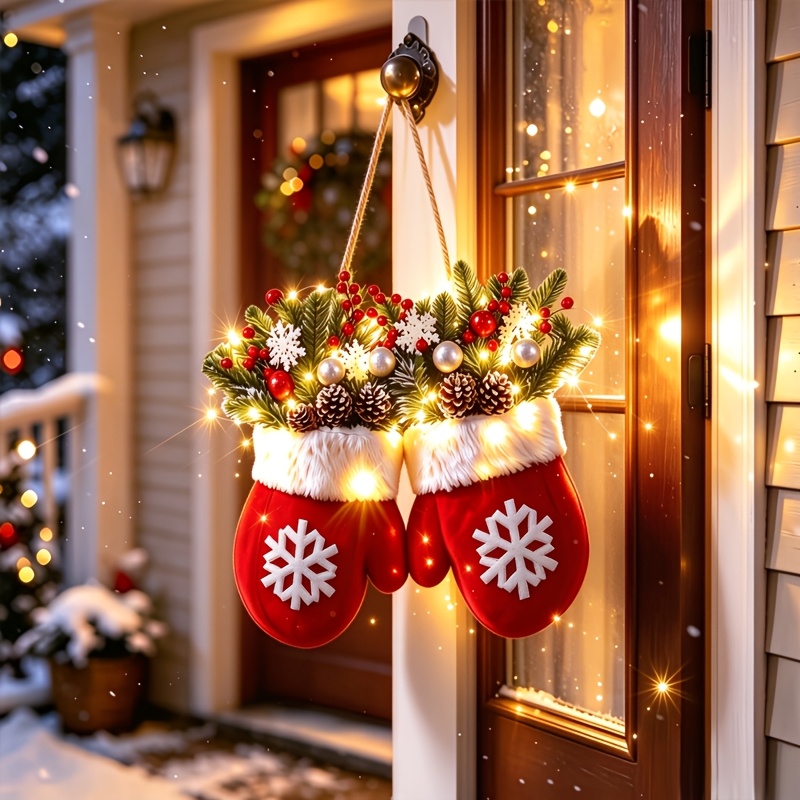 TEMU A Pair Of Christmas Gloves - With Flower Garlands And Led Light Strings, Artificial Pine Branches, Berries, And Pine Cones, Holiday Door