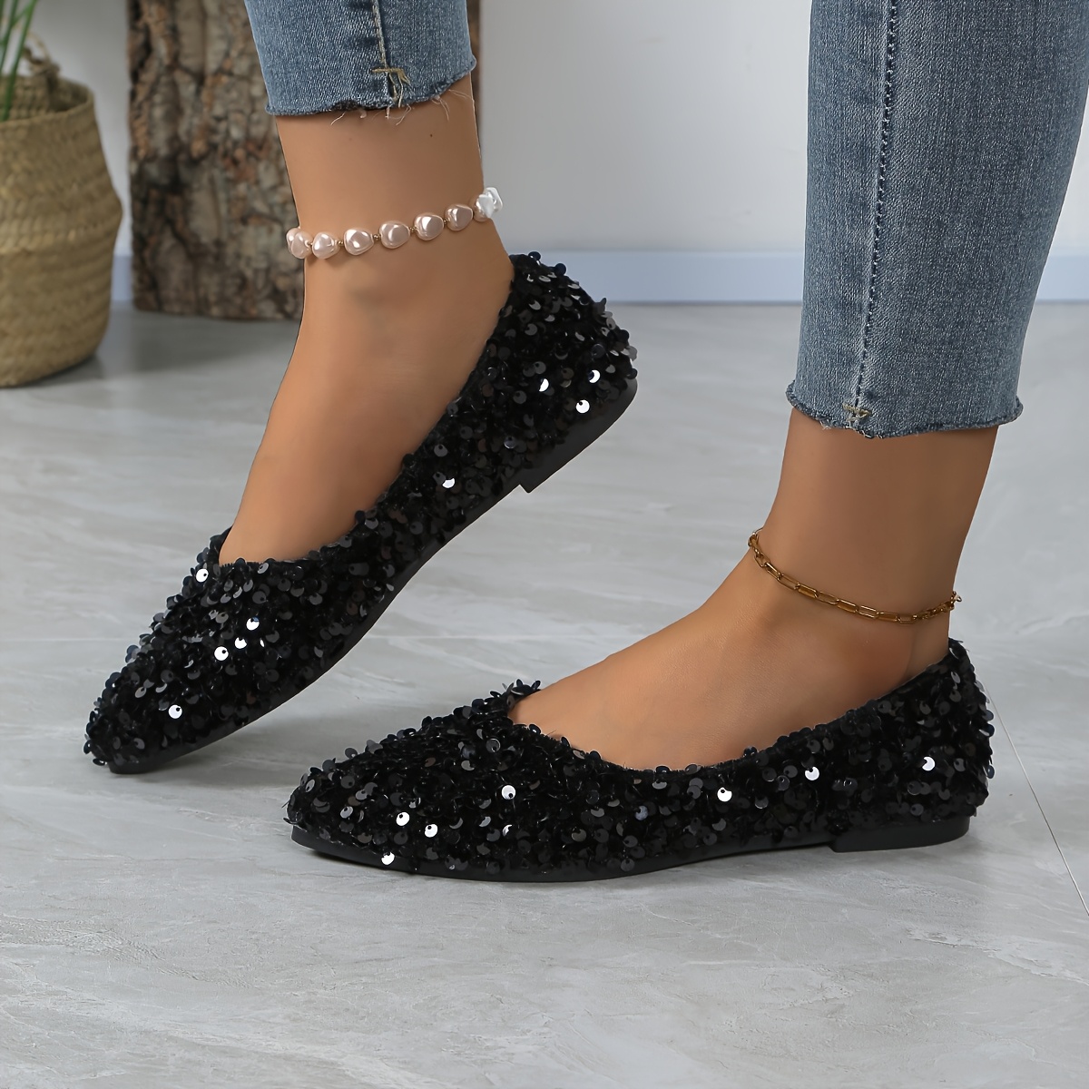 elegant french pointed toe flats with sequin embellishments slip   rubber sole fabric upper inner lining     fashionable womens shoes glittery shoes slipon   5