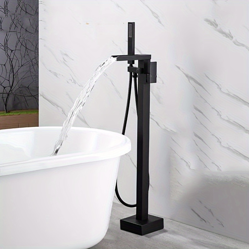 

Freestanding Bathtub Faucet Floor Mount Tub Filler Matte Black Brass Waterfall Bathroom Faucets Single Handle With Hand Shower For Bathroom Tub Or Backyard