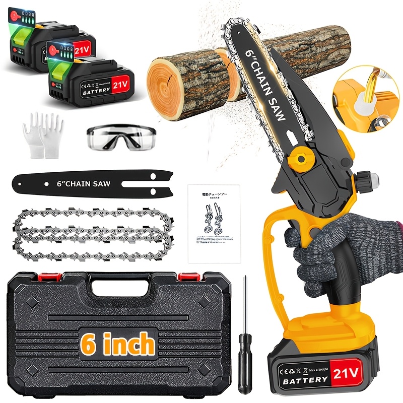TEMU Mini Chainsaw, Handheld Cordless Electric Chain Saw, 6 Inch Portable Chainsaw With Security Lock, Auto Oiler System, 2 Pack 21v Rechargeable