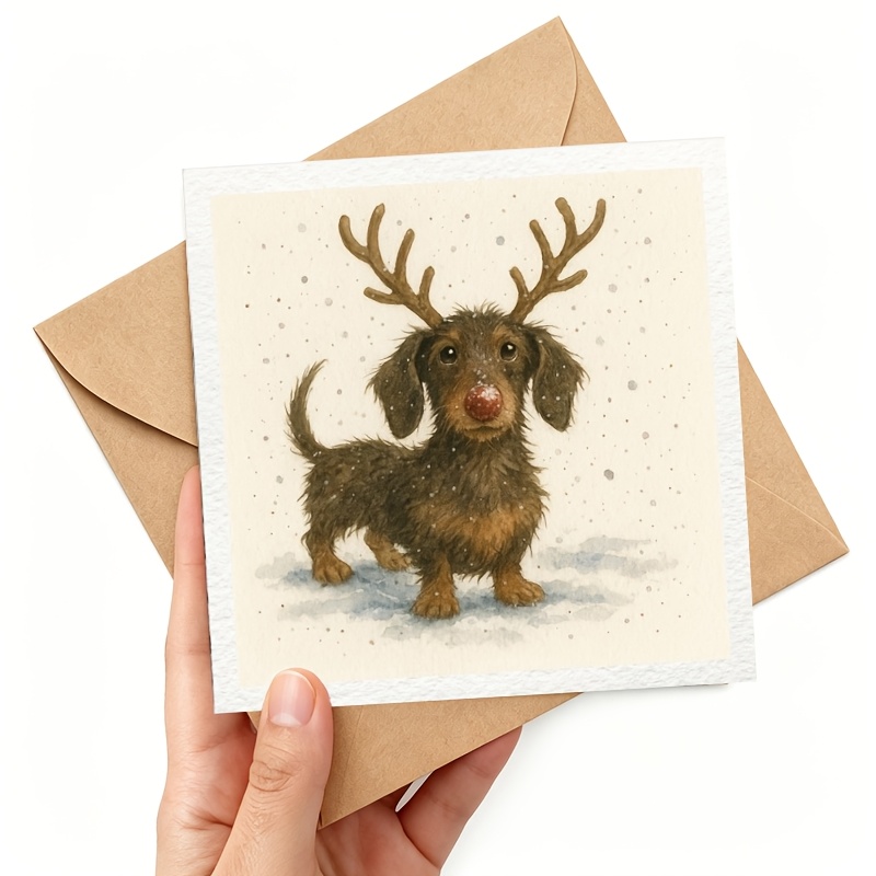 TEMU 2card 2envelope Christmas Dachshund Card | Funny Sausage Dog Card | Cute Reindeer Dog Christmas Card | Whimsical Dog Xmas Greeting Card Uk
