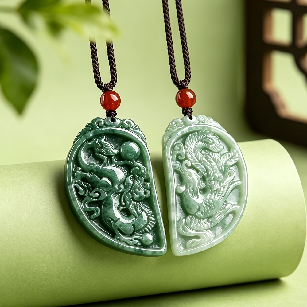 Unisex Dragon and Phoenix Couple Pendant Necklace, Natural Stone