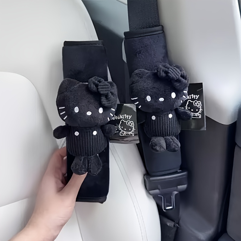 TEMU 2pcs Hello Kitty 50th Anniversary Edition All-black Car Seat Belt Support Cover Interior Decoration Seat Belt