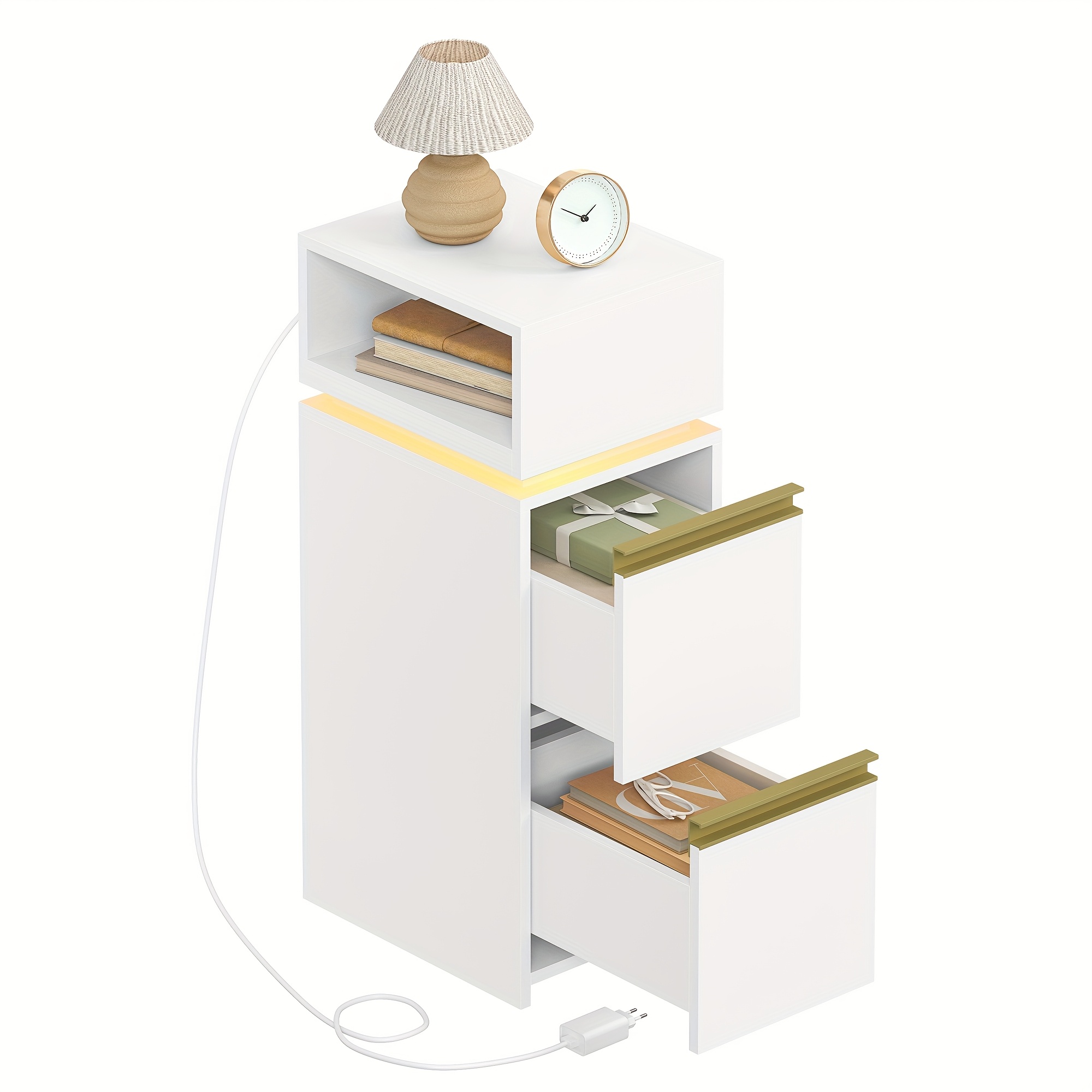 Narrow Bedside Table With 2 Drawers And 1 Open Compartment | Modern White Side Table For Bedroom And Living Room, Multifunctional, Hardwood And Particle Board, Hzuaneri Brand
