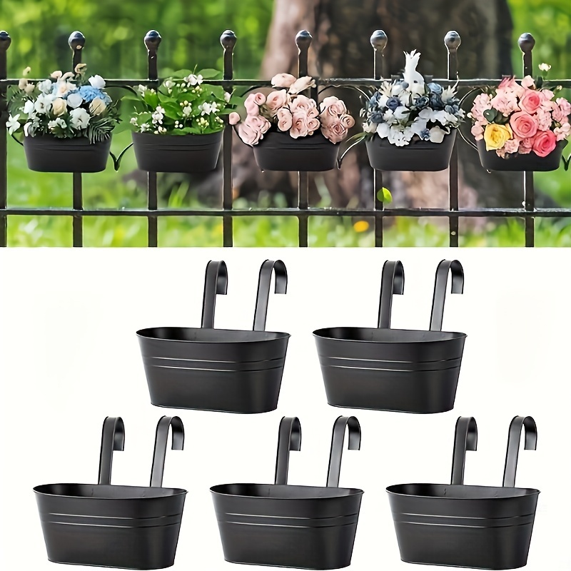 

Black Metal Hanging Planter With Drainage Holes And Hooks: Suitable For 11-inch Outdoor Plants - Perfect For Iron Fences, Patio Rails, And Balcony Railing