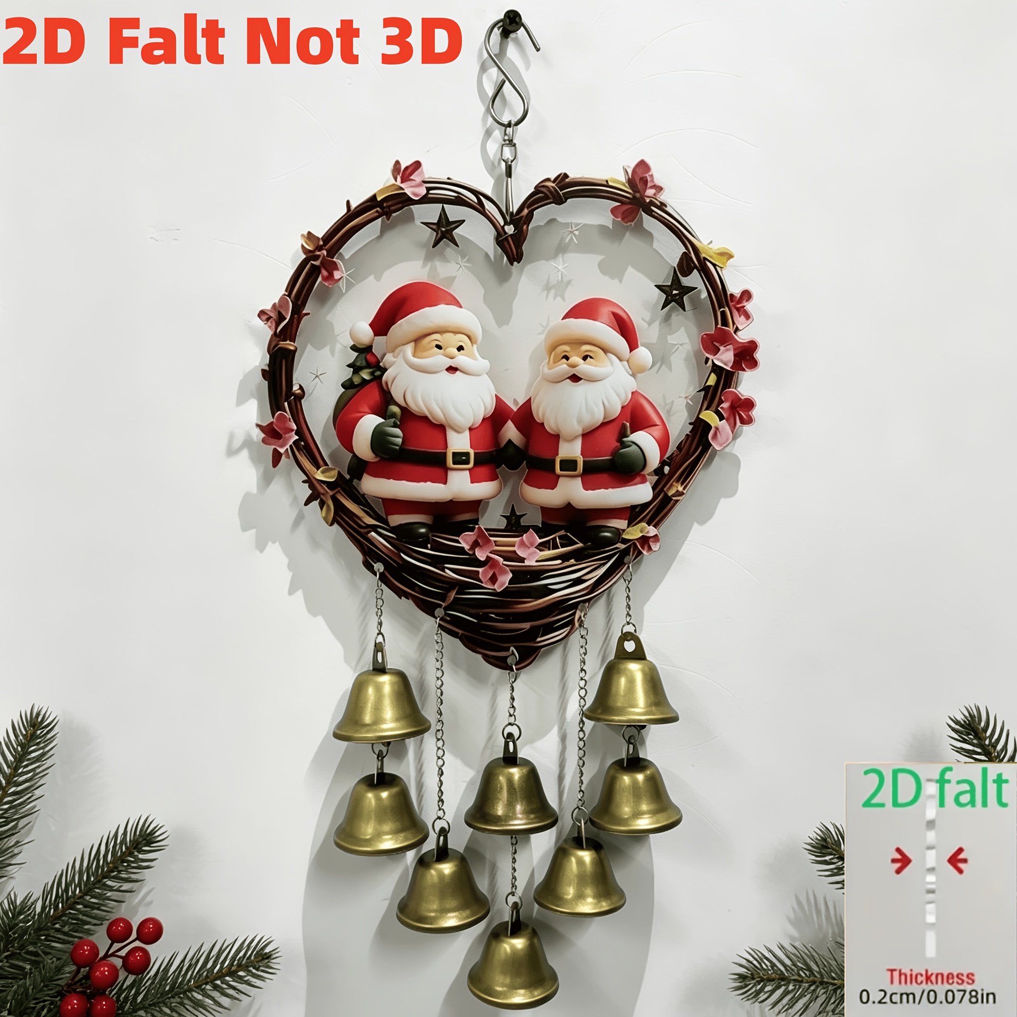 TEMU 1 Set Of Heart-shaped Santa Claus Metal Wind Chime, Overall Golden. Metal Rotating Hook Material, With 8pcs Same-colored Metal Bells, Design