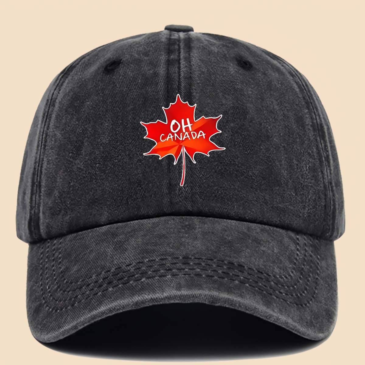 TEMU 1pc 'vintage Washed Baseball ' Featuring A 'oh, Canada' Maple Leaf Print - Adjustable Unisex Design Available In 11 Breathable Colors, Perfect