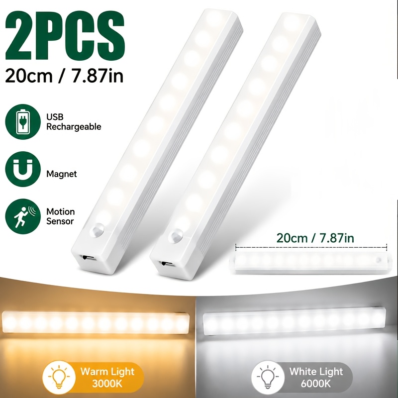 TEMU 2pcs Motion Sensing Light, Led Motion Sensor Lights, Warm And Cool White With Dimmable Feature, Usb Rechargeable Magnetic Stick- Light For